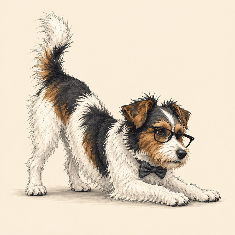 The terrier in glasses and a bow tie lowers his front legs and raises his tail, ready to play.