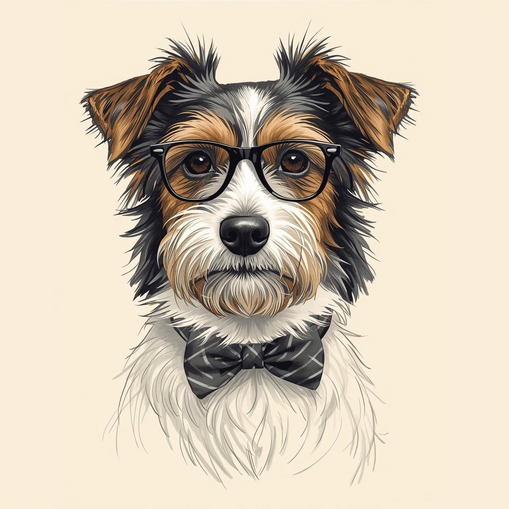 Portrait of a scruffy terrier wearing black glasses and a striped bow tie.
