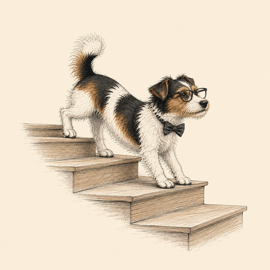 The terrier in glasses and a bow tie on a short flight of wooden steps.